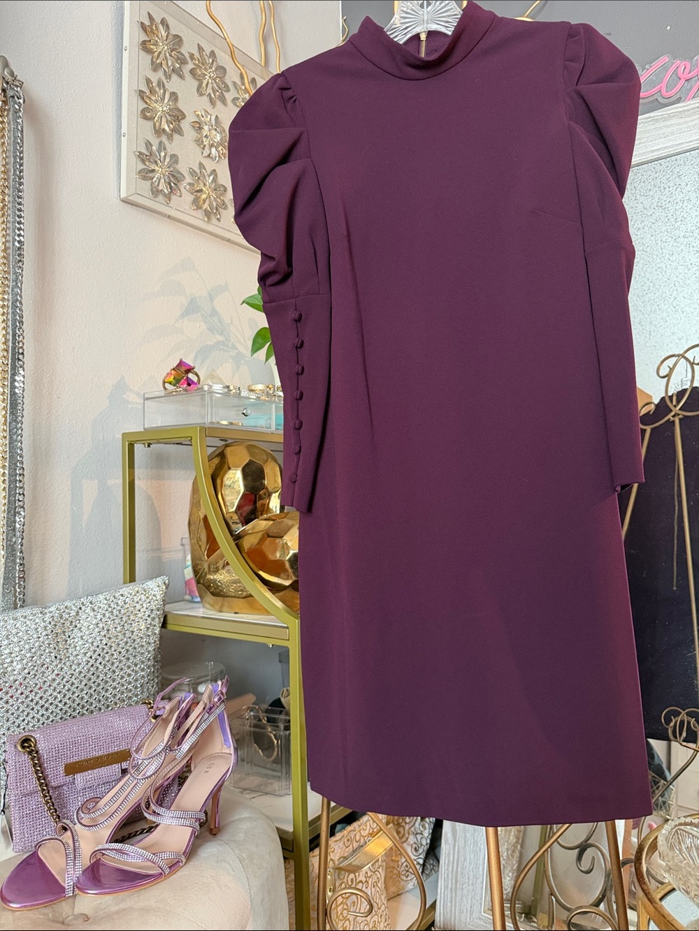 Calvin Klein Womens Plum Long Sleeve Shift Dress with Puff Shoulders